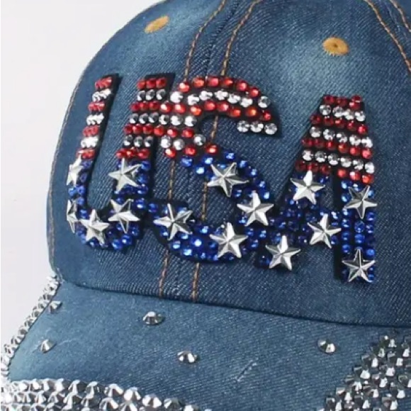 Rhinestone USA Flag Denim Baseball Hat - Picture 2 of 10